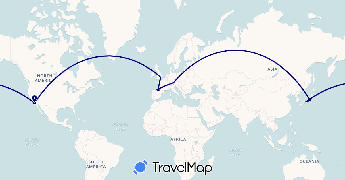 TravelMap itinerary: driving in Germany, Spain, United Kingdom, Japan, United States (Asia, Europe, North America)
